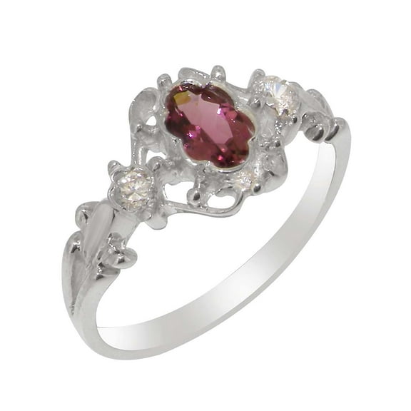 LBG British Made 9k White Gold Natural Pink Tourmaline & Diamond Womens Promise Ring - 33 size options - Size 9.5