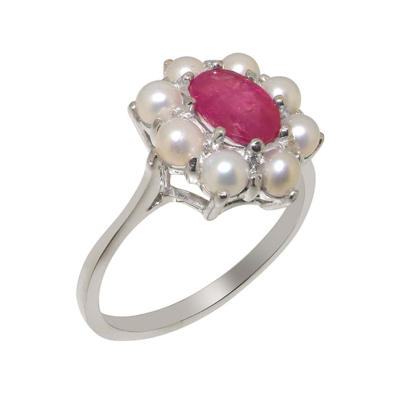 LBG British Made 9k White Gold Natural Ruby & Cultured Pearl Womens Promise Ring - 33 size options - Size 10.5