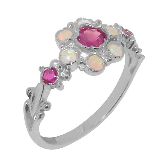 LBG British Made 9k White Gold Natural Ruby & Opal Womens Statement Ring - 33 size options - Size 9.25