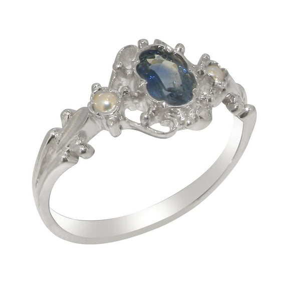 LBG British Made 9k White Gold Natural Sapphire & Cultured Pearl Womens Trilogy Ring - 33 size options - Size 11.25
