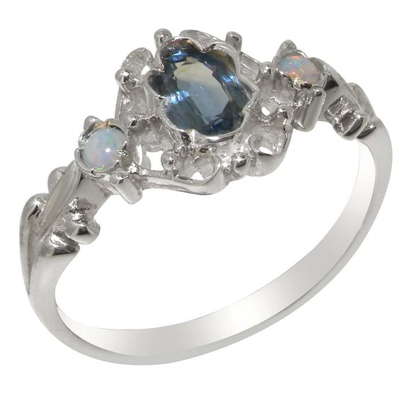 LBG British Made 9k White Gold Natural Sapphire & Opal Womens Anniversary Ring - 33 size options - Size 6.25