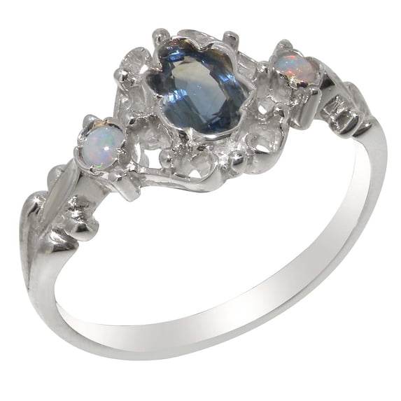 LBG British Made 9k White Gold Natural Sapphire & Opal Womens Promise Ring - 33 size options - Size 8.25