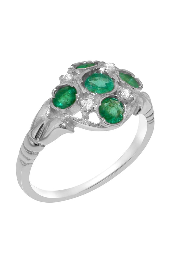 LBG British Made 9k White Gold Real Genuine Emerald & Cubic Zirconia Womens Statement Ring - 33 size options - Size 8.25