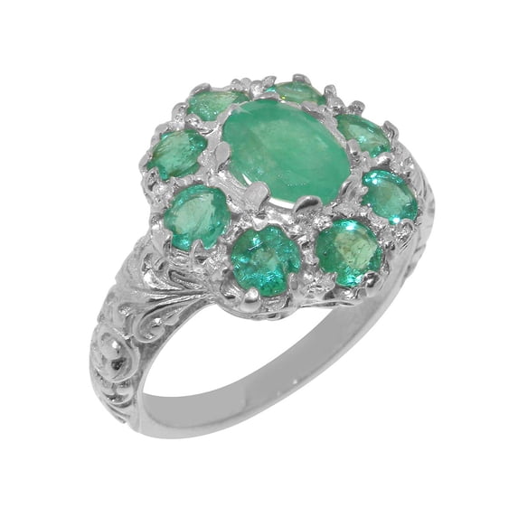 LBG British Made 9k White Gold Ring with Natural Emerald Womens Statement Ring - 33 size options - Size 7.25