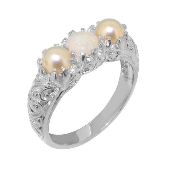 LBG British Made 9k White Gold Ring with Natural Opal & Cultured Pearl Womens Anniversary Ring - 33 size options - Size 4