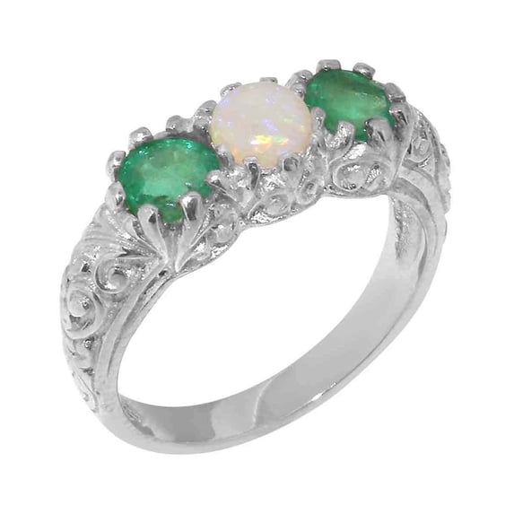 LBG British Made 9k White Gold Ring with Natural Opal & Emerald Womens Anniversary Ring - 33 size options - Size 4