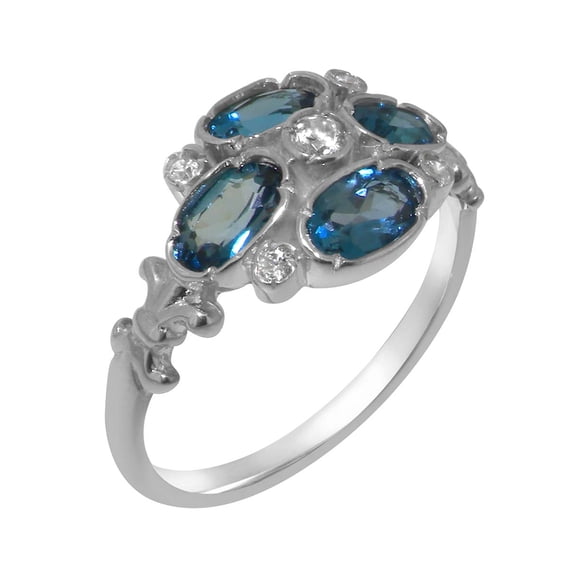 LBG British Made 9k White Gold Synthetic Cubic Zirconia & Natural London Blue Topaz Womens Statement Ring - 33 size options - Size 10.75