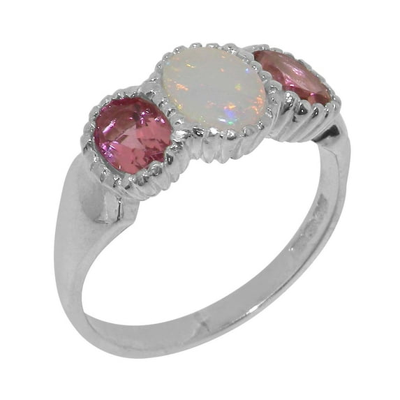 LBG British Made 9k White Gold ring with Natural Opal & Pink Tourmaline Womens Engagement Ring - 33 size options - Size 9.75
