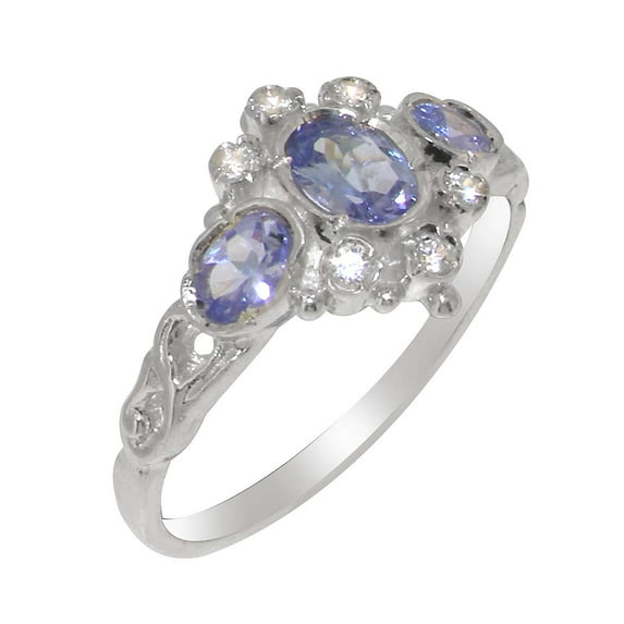 LBG British Made 9k White Gold ring with Natural Tanzanite & Cubic Zirconia Womens Anniversary Ring - 33 size options - Size 11.25