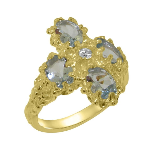 LBG British Made 9k Yellow Gold Cubic Zirconia & Aquamarine Womens Statement Ring - 33 size options - Size 7