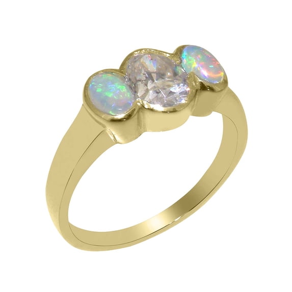 LBG British Made 9k Yellow Gold Cubic Zirconia & Natural Opal Womens Anniversary Ring - 33 size options - Size 6.5