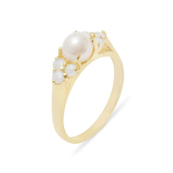 LBG British Made 9k Yellow Gold Cultured Pearl & Opal Womens Cluster Ring - 33 size options - Size 6.5