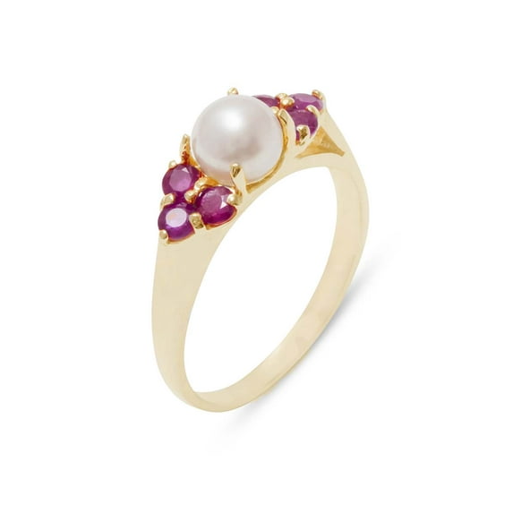 LBG British Made 9k Yellow Gold Cultured Pearl & Ruby Womens Cluster Ring - 33 size options - Size 9.25