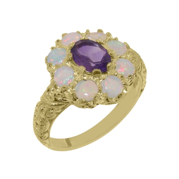 LBG British Made 9k Yellow Gold Natural Amethyst & Opal Womens Statement Ring - 33 size options - Size 7