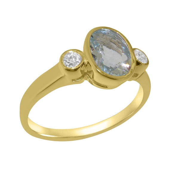 LBG British Made 9k Yellow Gold Natural Aquamarine & Cubic Zirconia Womens Anniversary Ring - 33 size options - Size 8.75