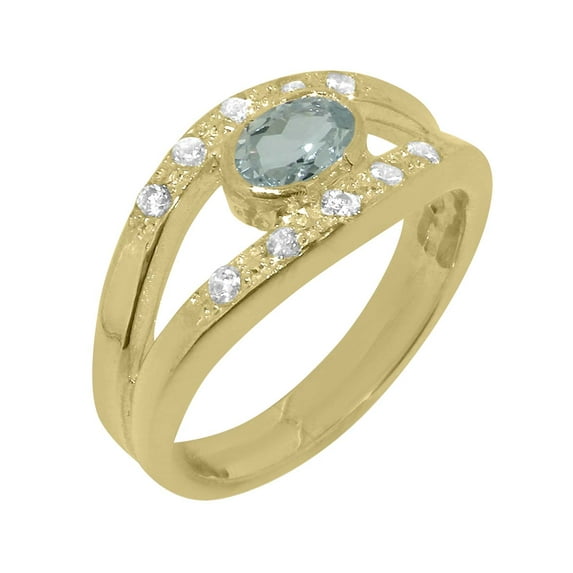 LBG British Made 9k Yellow Gold Natural Aquamarine & Cubic Zirconia Womens Band Ring - 33 size options - Size 6