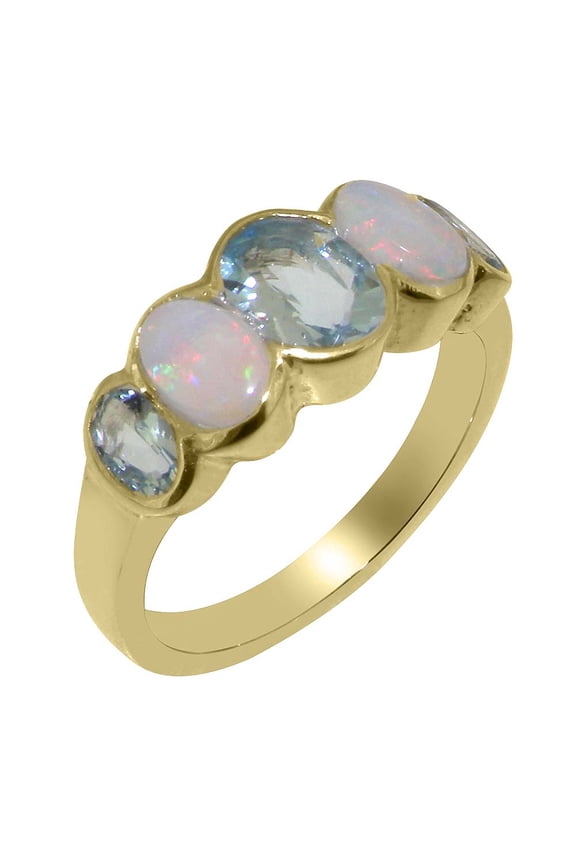 LBG British Made 9k Yellow Gold Natural Aquamarine & Opal Womens Anniversary Ring - 33 size options - Size 9