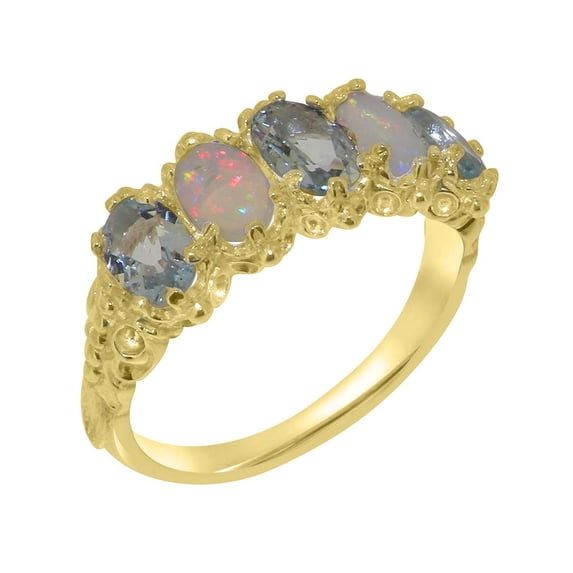 LBG British Made 9k Yellow Gold Natural Aquamarine & Opal Womens Eternity Ring - 33 size options - Size 9