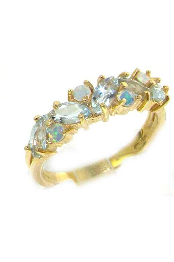 LBG British Made 9k Yellow Gold Natural Aquamarine & Opal Womens Eternity Ring - 33 size options