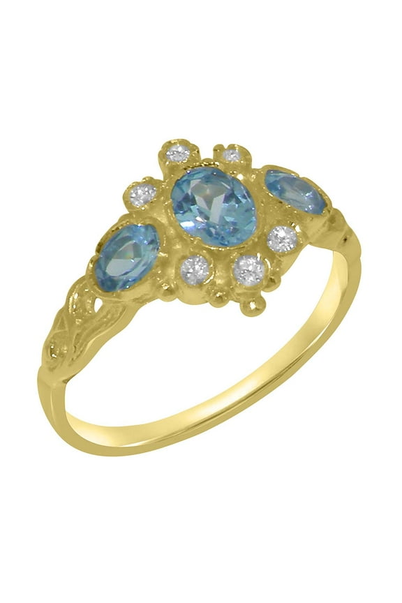 LBG British Made 9k Yellow Gold Natural Blue Topaz & Cubic Zirconia Womens Anniversary Ring - 33 size options - Size 9