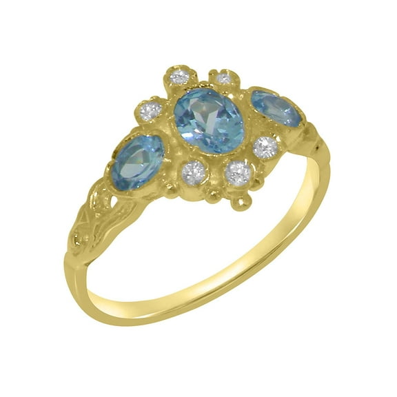 LBG British Made 9k Yellow Gold Natural Blue Topaz & Diamond Womens Anniversary Ring - 33 size options - Size 10