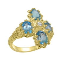 LBG British Made 9k Yellow Gold Natural Diamond & Blue Topaz Womens Statement Ring - 33 size options - Size 10