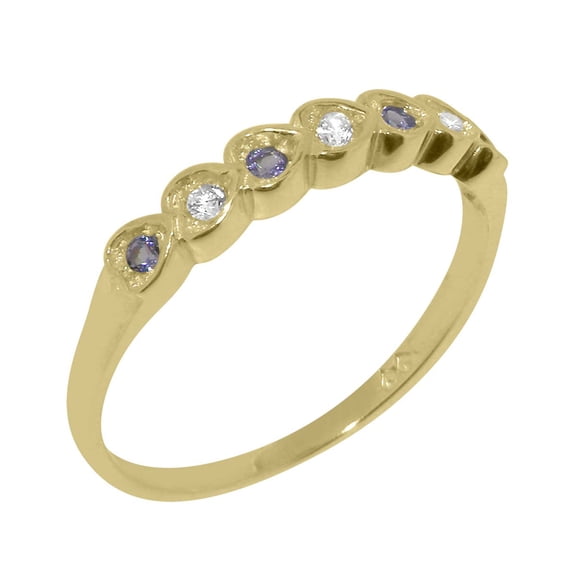 LBG British Made 9k Yellow Gold Natural Diamond & Tanzanite Womens Promise Ring - 33 size options - Size 6