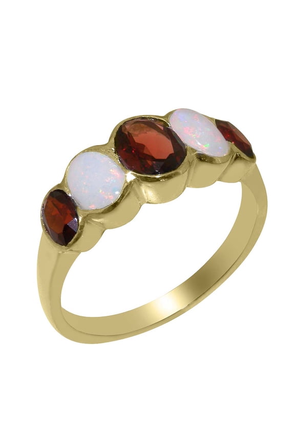 LBG British Made 9k Yellow Gold Natural Garnet & Opal Womens Anniversary Ring - 33 size options - Size 9