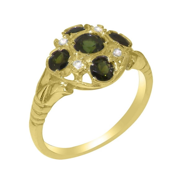 LBG British Made 9k Yellow Gold Natural Green Tourmaline & Diamond Womens Statement Ring - 33 size options - Size 10