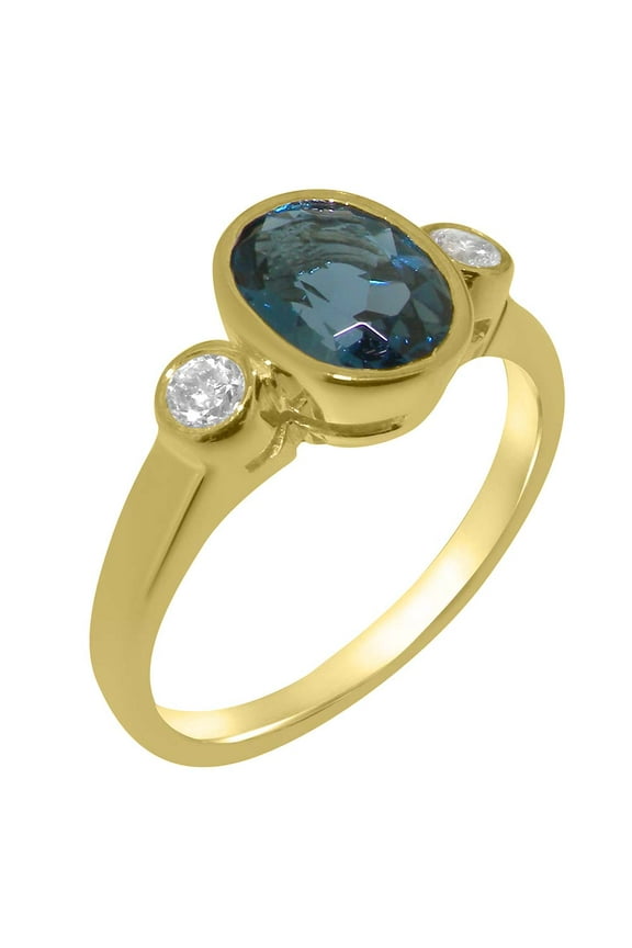 LBG British Made 9k Yellow Gold Natural London Blue Topaz & Diamond Womens Anniversary Ring - 33 size options - Size 9