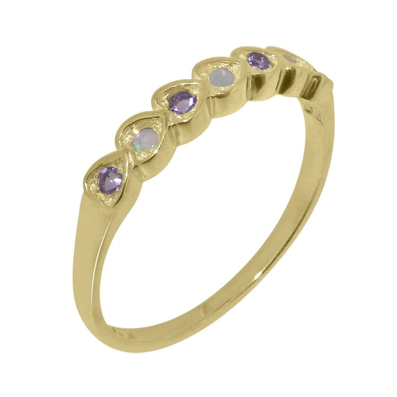 LBG British Made 9k Yellow Gold Natural Opal & Amethyst Womens Promise Ring - 33 size options - Size 4.5