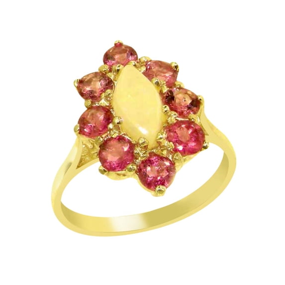 LBG British Made 9k Yellow Gold Natural Opal & Pink Tourmaline Womens Promise Ring - 33 size options - Size 9.5