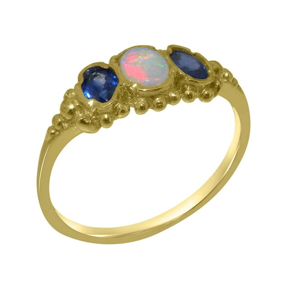 LBG British Made 9k Yellow Gold Natural Opal & Sapphire Womens Anniversary Ring - 33 size options - Size 6.5