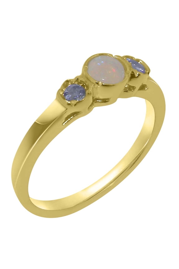 LBG British Made 9k Yellow Gold Natural Opal & Tanzanite Womens Promise Ring - 33 size options - Size 10.75