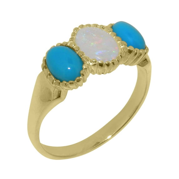 LBG British Made 9k Yellow Gold Natural Opal & Turquoise Womens Statement Ring - 33 size options - Size 6.75