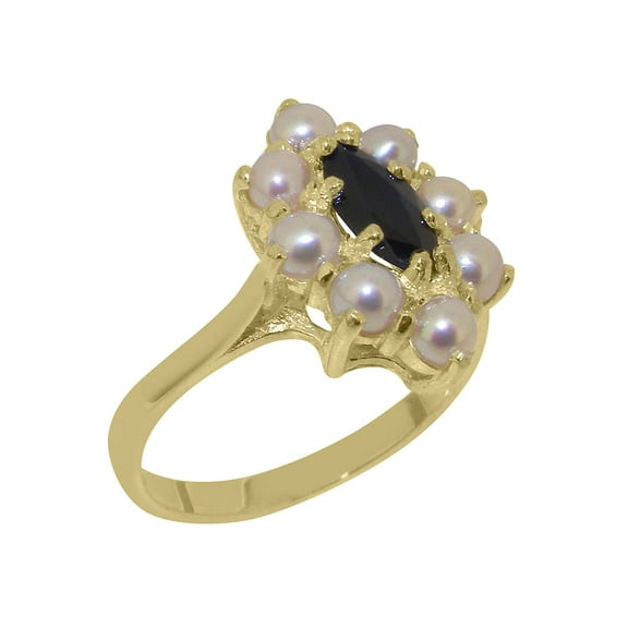 LBG British Made 9k Yellow Gold Natural Sapphire & Cultured Pearl Womens Statement Ring - 33 size options - Size 10