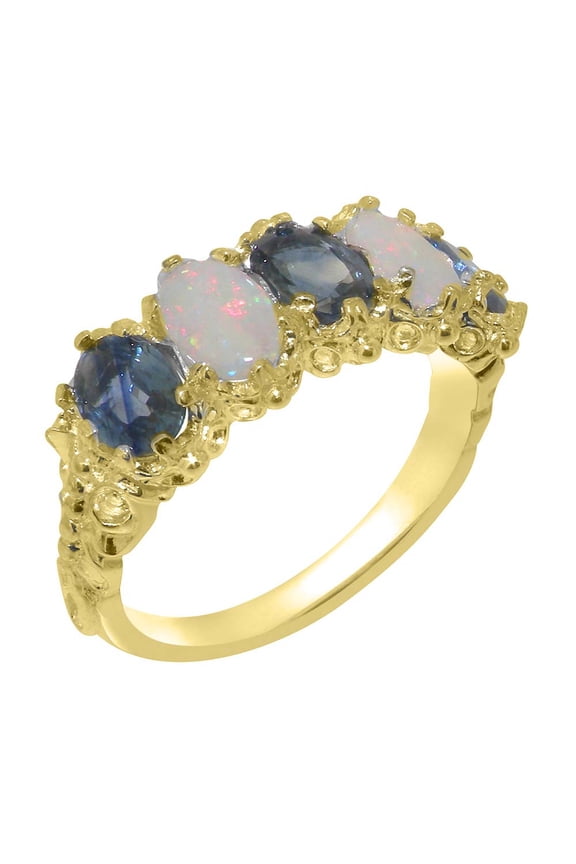 LBG British Made 9k Yellow Gold Natural Sapphire & Opal Womens Eternity Ring - 33 size options - Size 10