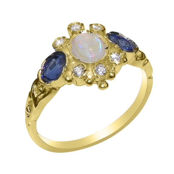 LBG British Made 9k Yellow Gold Real Genuine Opal Sapphire Cubic Zirconia Womens Promise Ring - 33 size options - Size 8.25