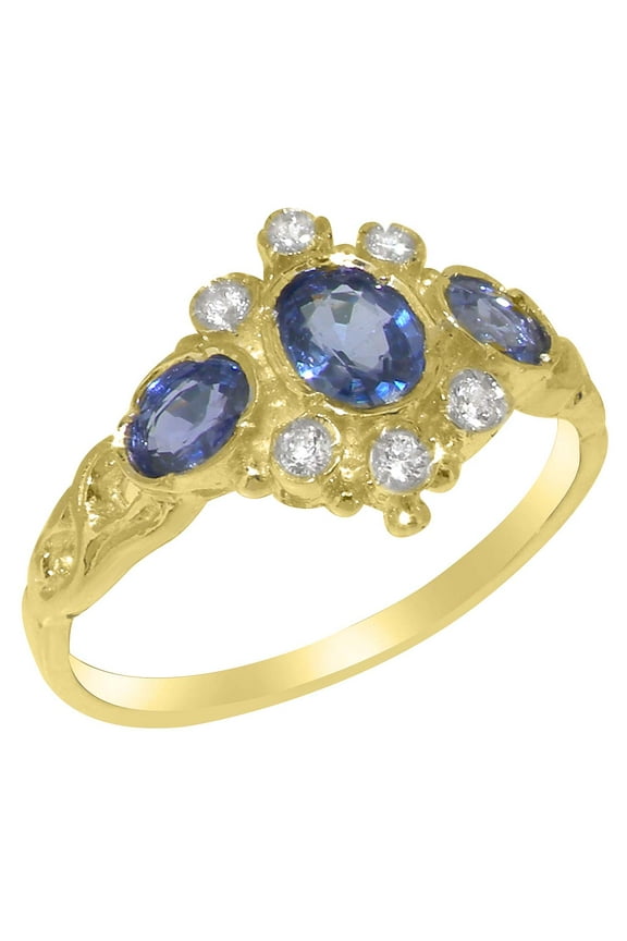 LBG British Made 9k Yellow Gold Real Genuine Sapphire & Cubic Zirconia Womens Promise Ring - 33 size options - Size 5.75