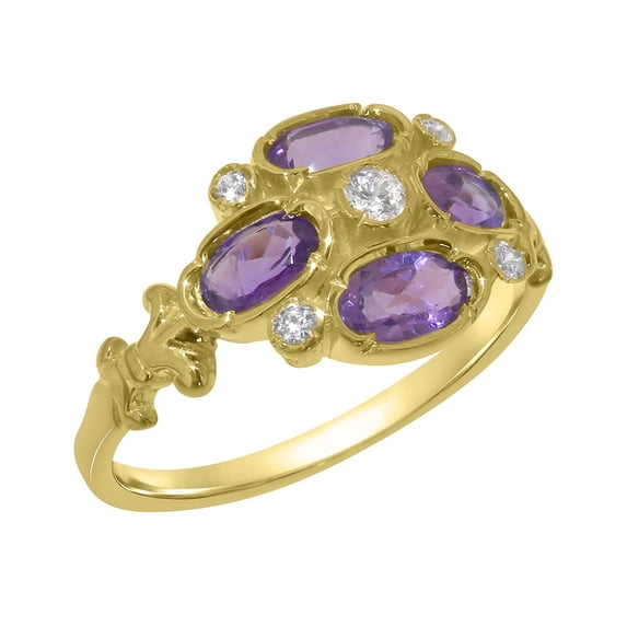 LBG British Made 9k Yellow Gold Ring with Natural Diamond & Amethyst Womens Statement Ring - 33 size options - Size 7.25