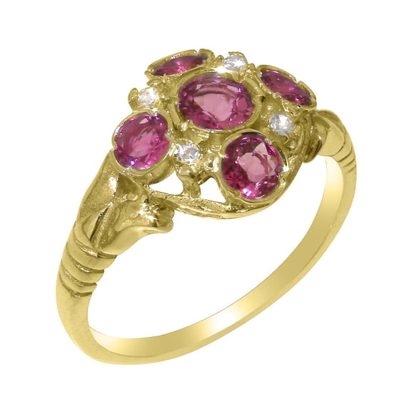 LBG British Made 9k Yellow Gold Womens Ring Natural Pink Tourmaline & Diamond Statement Ring - 33 size options - Size 7.5