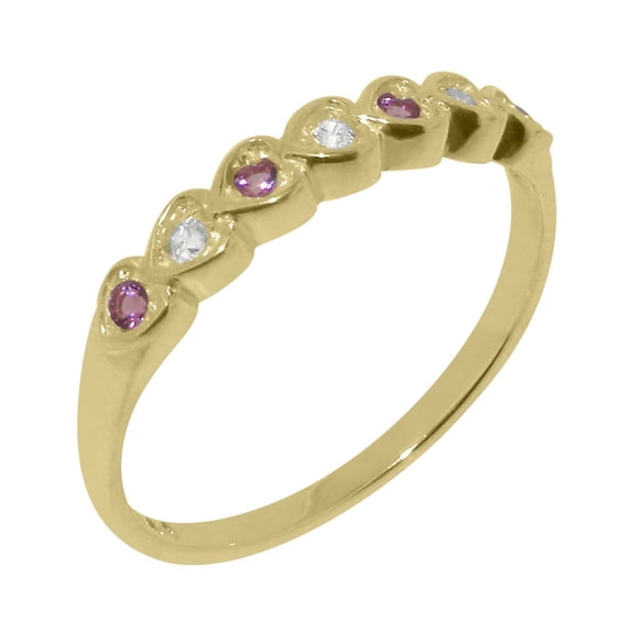 LBG British Made 9k Yellow Gold ring with Cubic Zirconia & Natural Pink Tourmaline Womens Eternity Ring - 33 size options - Size 11.25