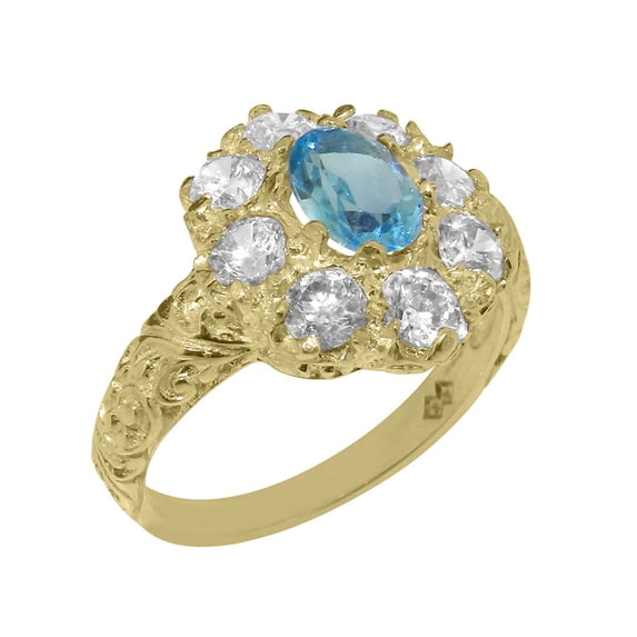 LBG British Made 9k Yellow Gold ring with Natural Blue Topaz & Cubic Zirconia Womens Statement Ring - 33 size options - Size 11.25