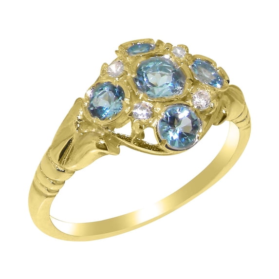 LBG British Made 9k Yellow Gold ring with Natural Blue Topaz & Cubic Zirconia Womens Statement Ring - 33 size options - Size 11