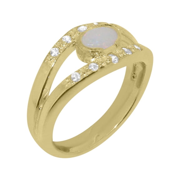 LBG British Made 9k Yellow Gold ring with Natural Opal & Diamond Womens Band Ring - 33 size options - Size 9.75