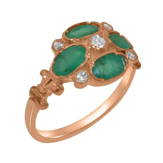 LBG British Made Classic 14k Rose Gold Natural Diamond & Emerald Womens Anniversary Ring - 33 size options - Size 5.25