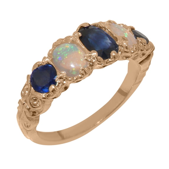 LBG British Made Classic 14k Rose Gold Natural Sapphire & Opal Womens Band Ring - 33 size options - Size 5.25