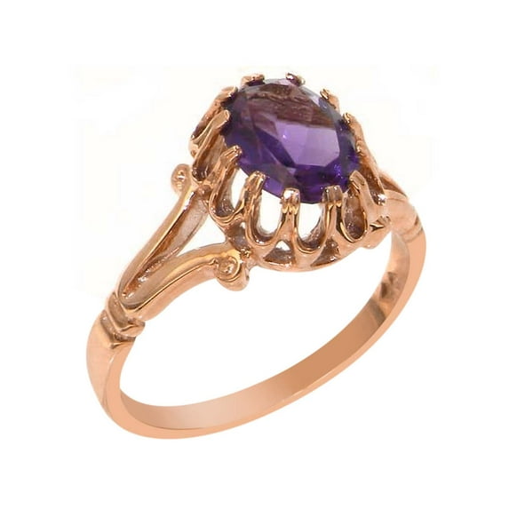 LBG British Made Classic Solid 14k Rose Gold Natural Amethyst Womens Solitaire Ring - 33 size options - Size 5.25