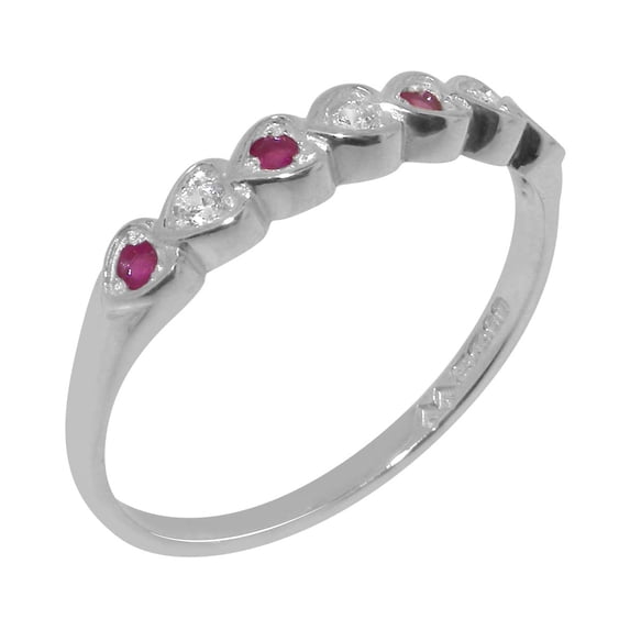 LBG British Made Classic Solid 18k White Gold Natural Diamond & Ruby Womens Anniversary Ring - 33 size options - Size 5.25