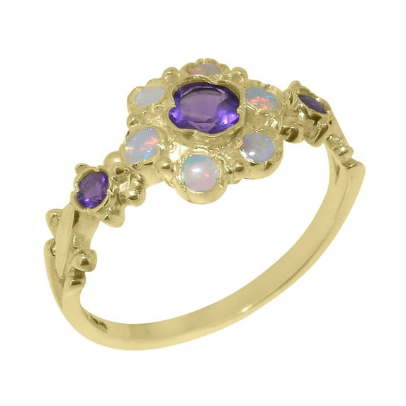 LBG British Made Classic Solid 18k Yellow Gold Natural Amethyst & Opal Womens Anniversary Ring - 33 size options - Size 5.25